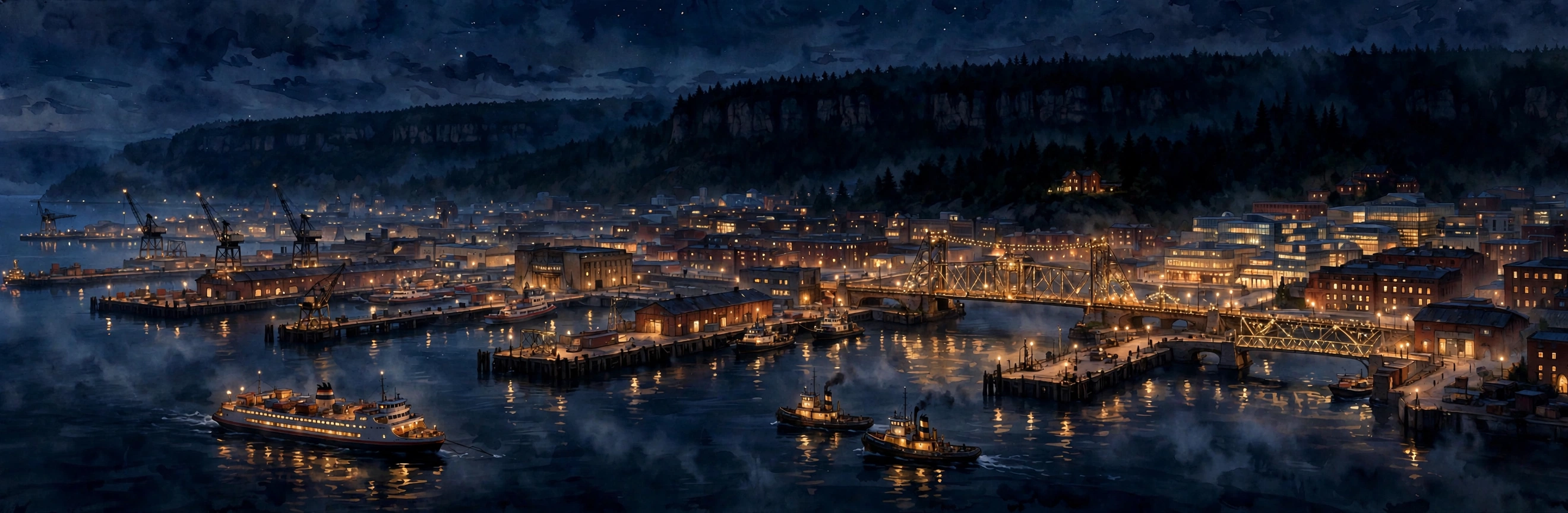 Nightshift: Greyhaven — the harbour at night, the lift bridge lit